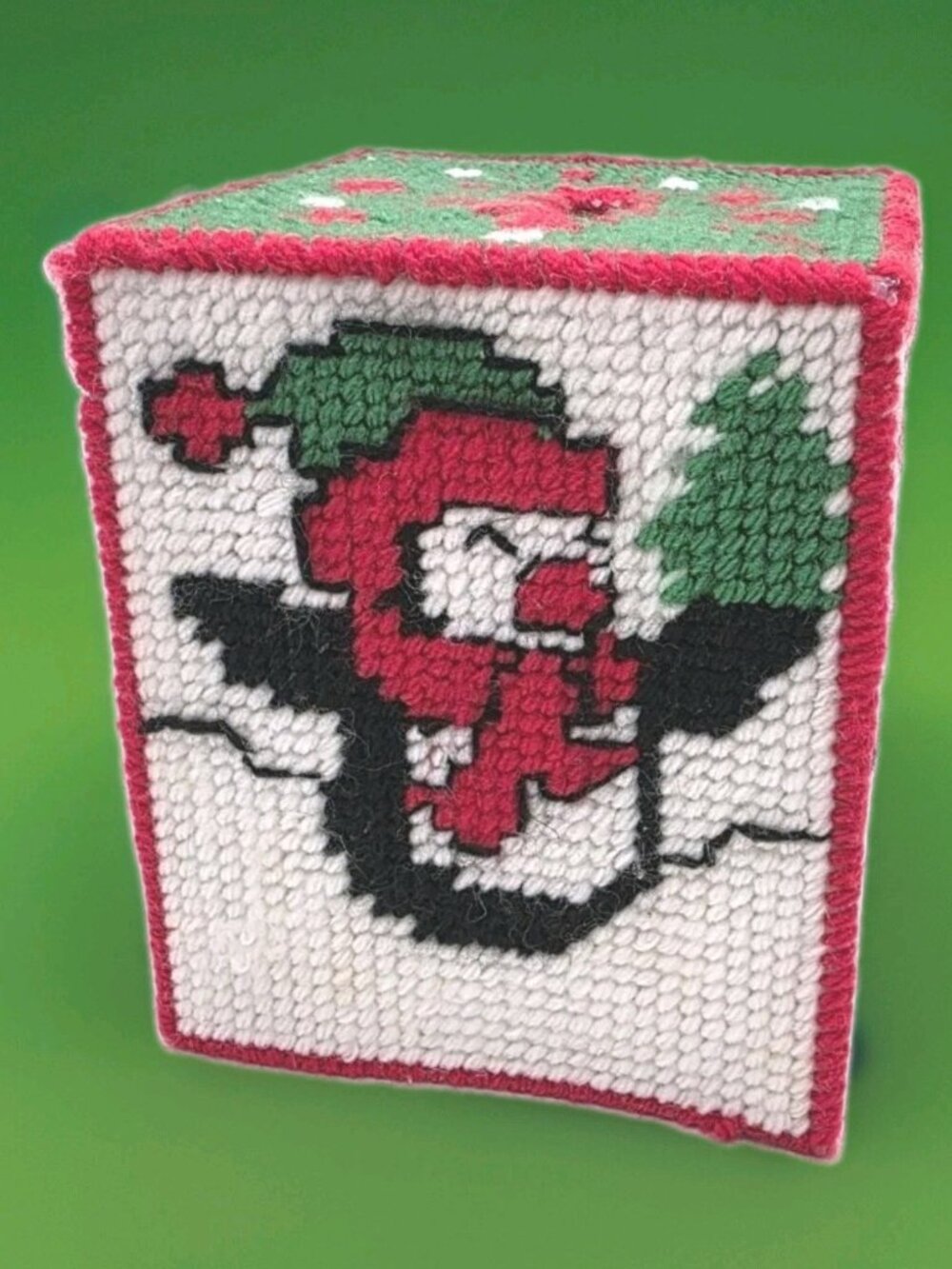 Vintage Christmas Winter Penguin Crossstich Tissue Box Holder Kitsch Granny Core